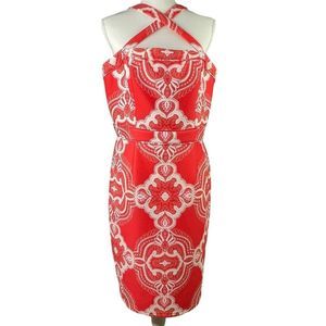 Lovely by Adrianna Papell Red Paisley Sleeveless Cross Strap Sheath Dress Sz 16